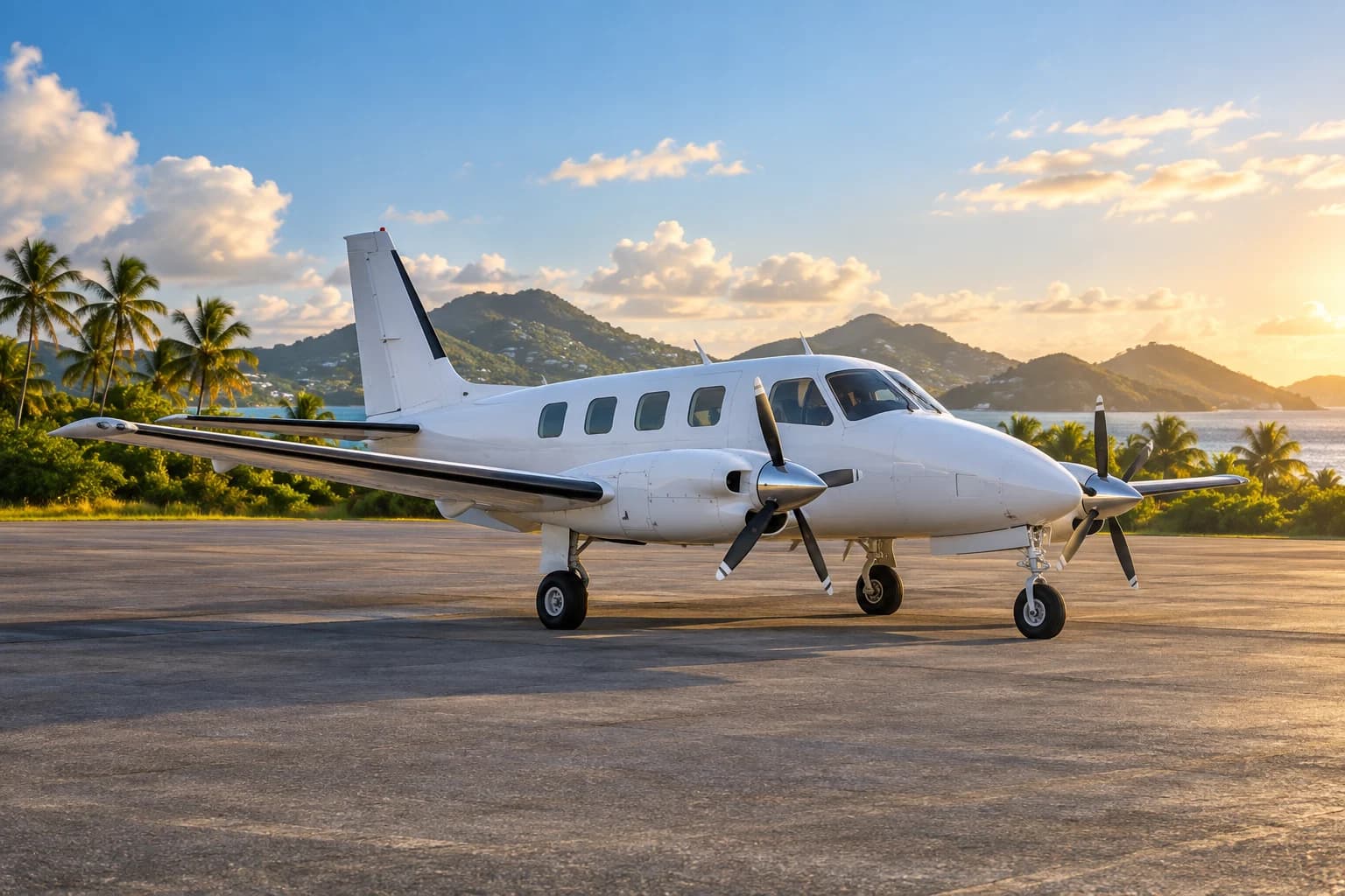 Un petit avion à hélices sur une aire de stationnement tropicale