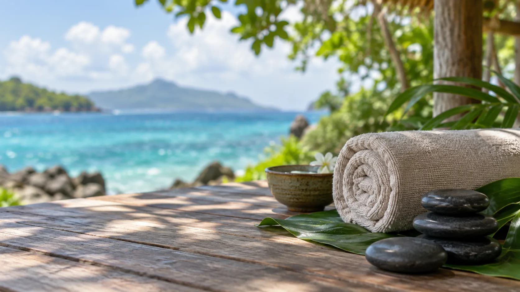 Linge naturel, galets et feuillage tropical