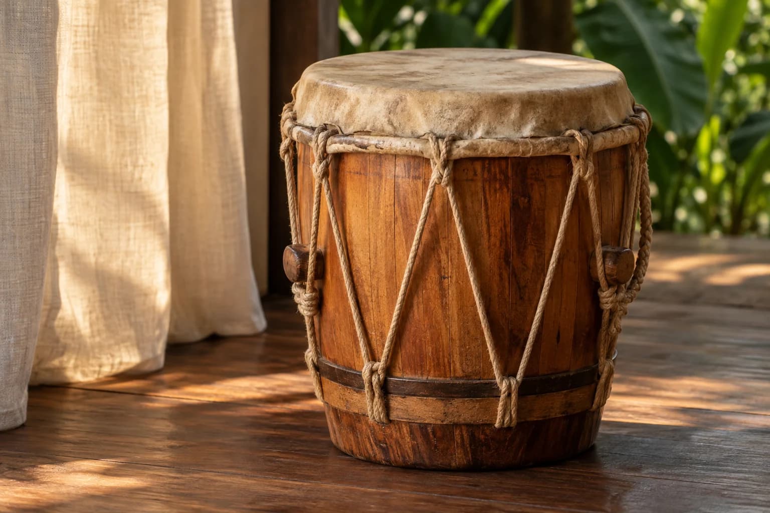 Un tambour ka en bois près d’un rideau de lin et de feuillages