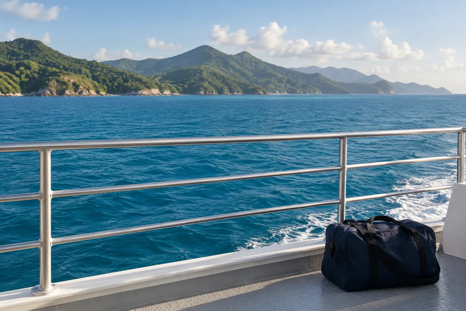 La mer vue depuis un pont de bateau, avec un sac de voyage