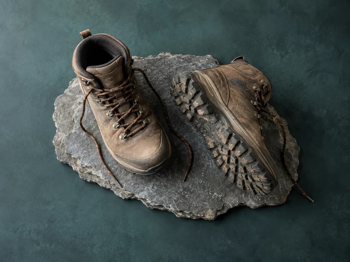 Des chaussures de marche et des accessoires de randonnée sur fond clair