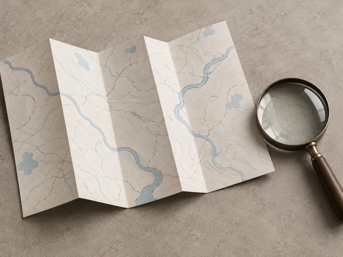 Une carte pliée et une loupe pour préparer ses déplacements · illustration générique