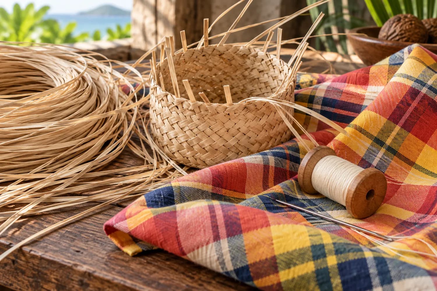 Des fibres tressées et un tissu madras · illustration générique