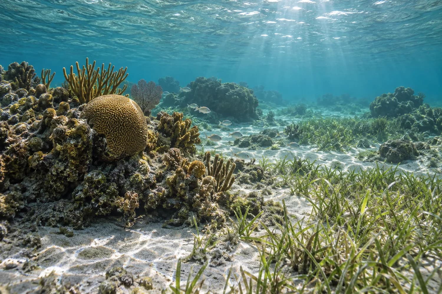 Des coraux et un herbier observés sous la surface dans une composition marine