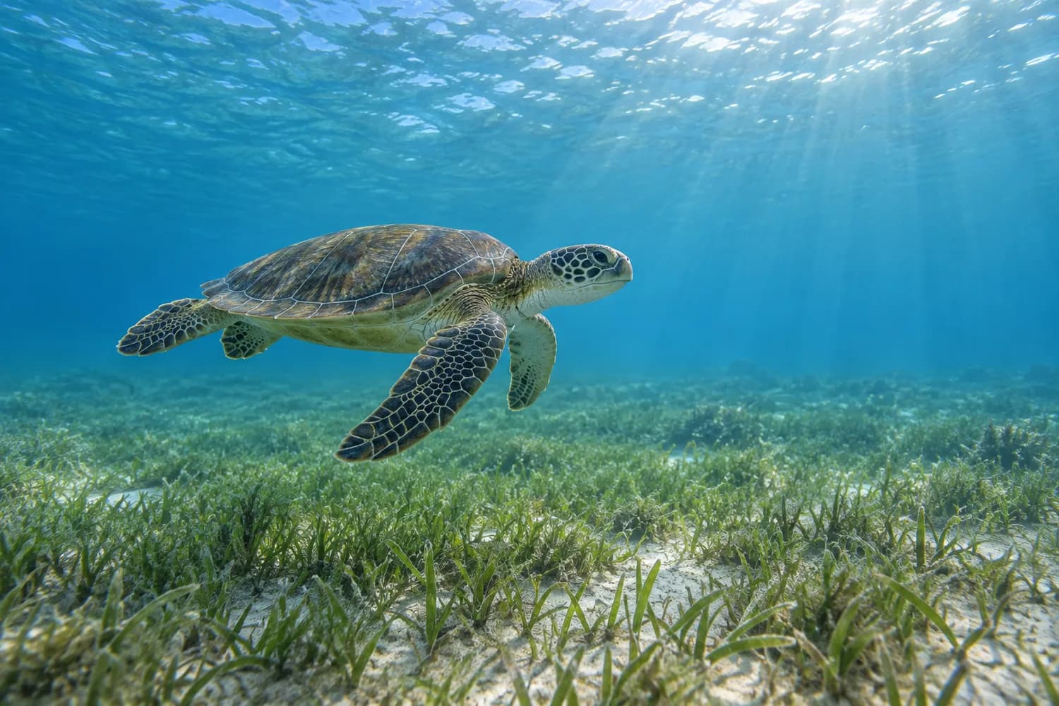 Une tortue nageant au-dessus d’un herbier · illustration générique