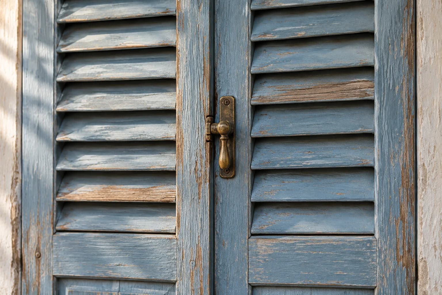 Détail de volets en bois bleu patiné avec une poignée en laiton.