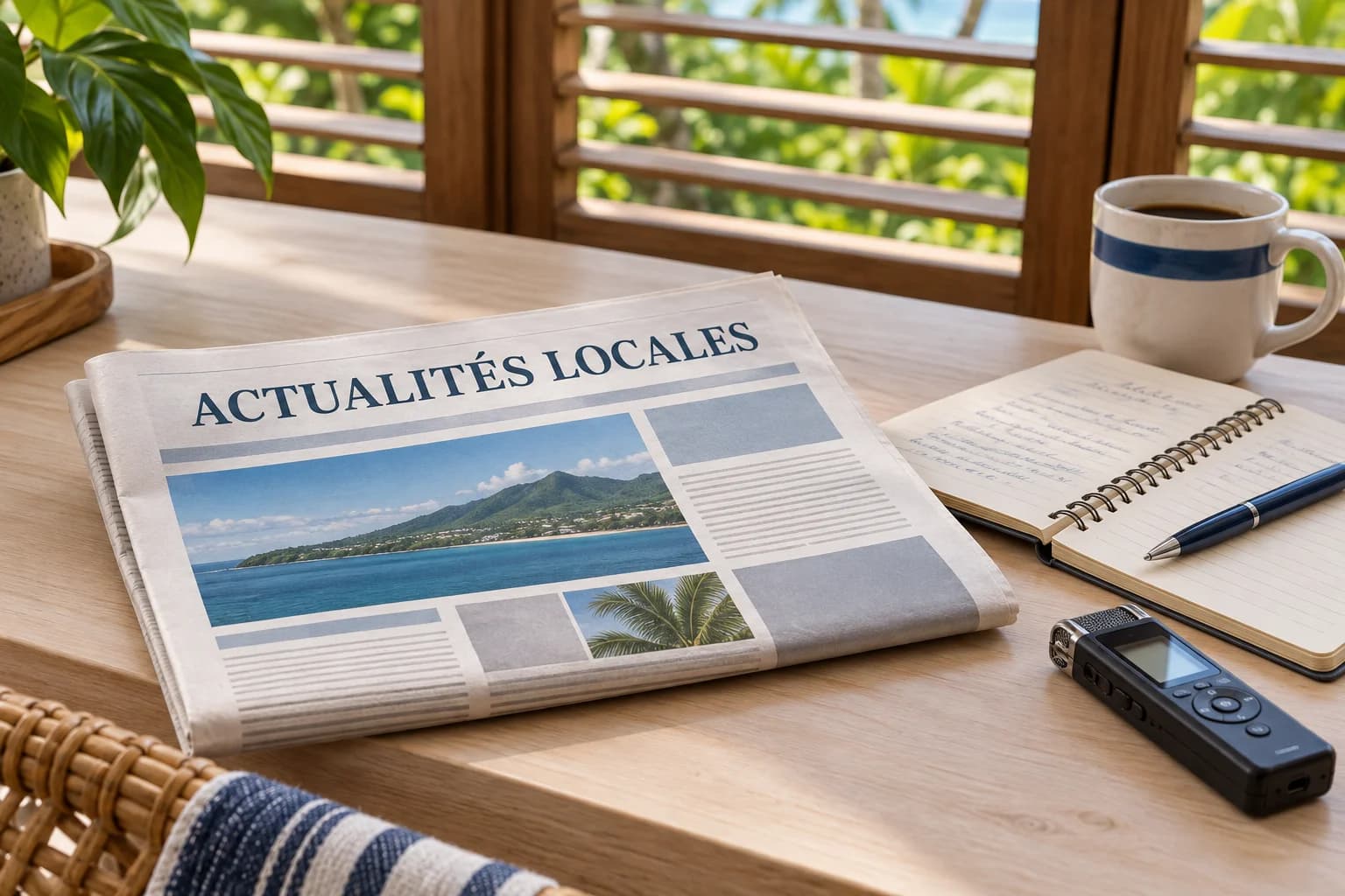 Un journal local, un carnet de reporter et un enregistreur sur une table claire