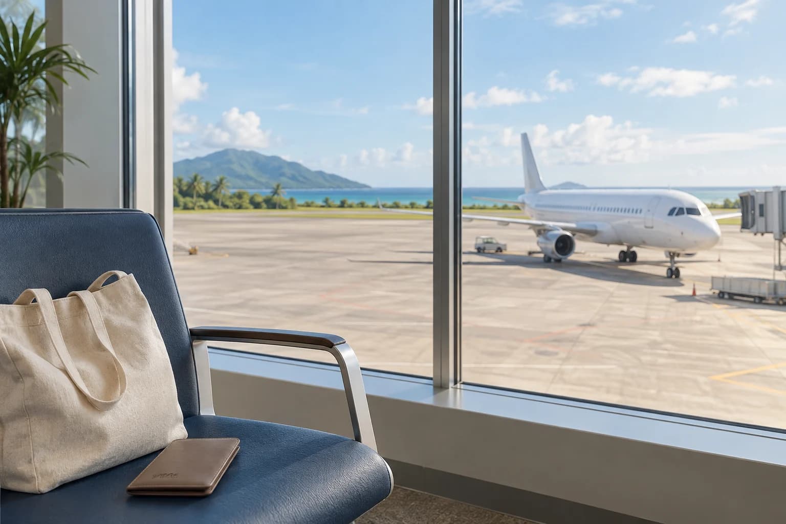 Un sac de voyage devant la baie vitrée d’un terminal et un avion