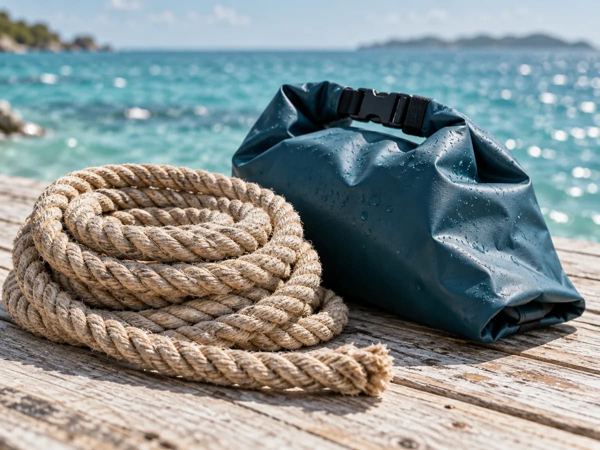 Un sac étanche et un cordage posés près de la mer · illustration générique