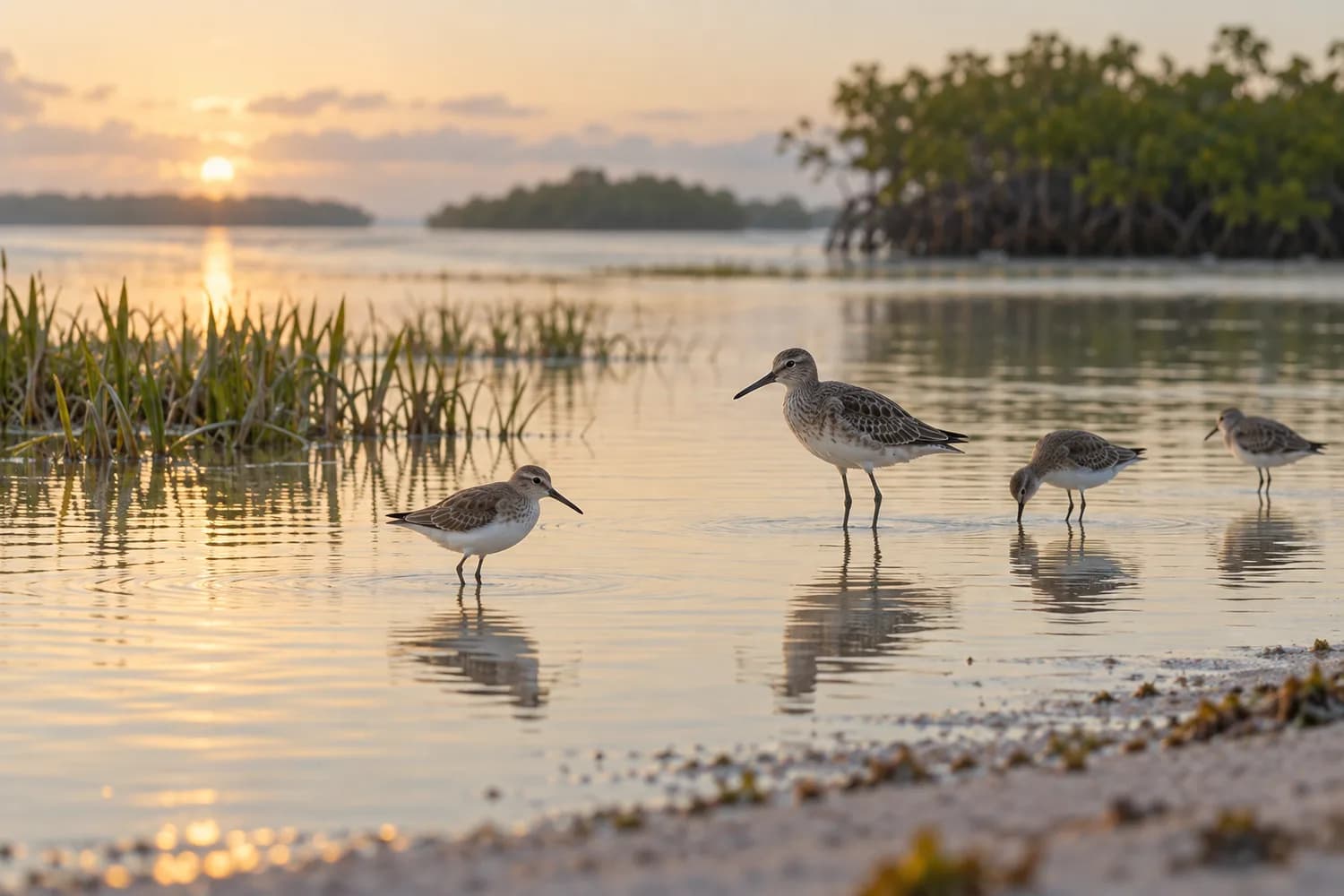 Des oiseaux de rivage dans une zone humide · illustration générique