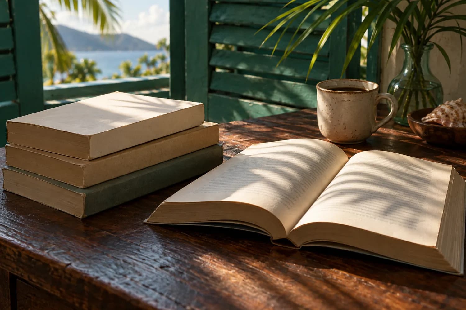 Des livres ouverts près de volets en bois, dans une composition de lecture